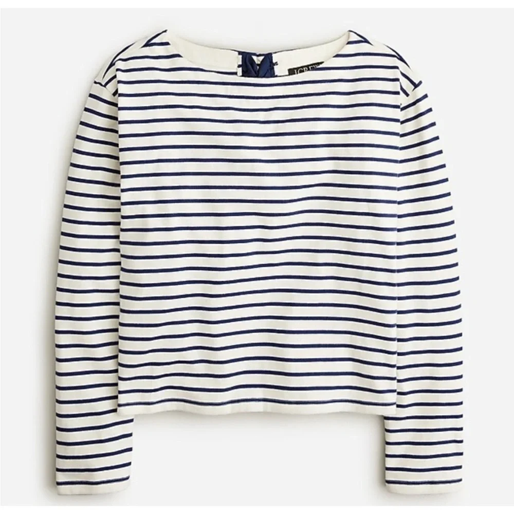 J. Crew Navy and White Striped Bow Back Blouse - Picture 2 of 8